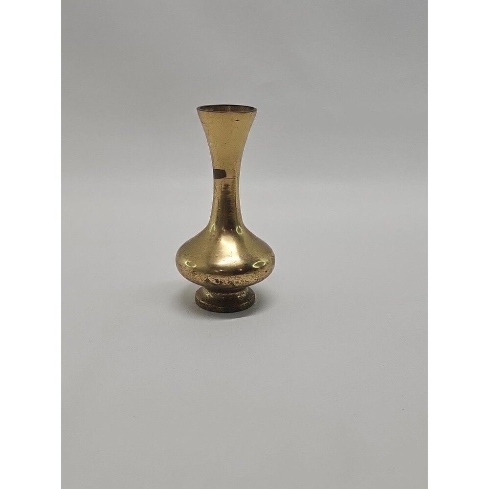 Vintage Brass Vase Unmarked Bulb Shape Tarnished Patina Decor 5" tall x 2.25"